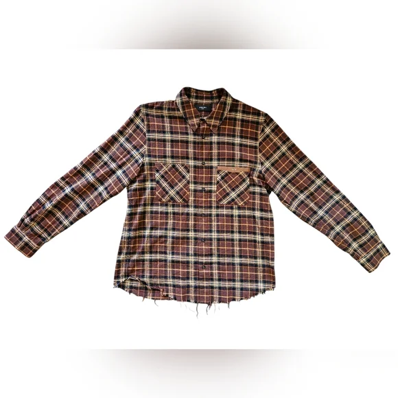 Amiri | Leather Logo Flannel Button Down Shirt | Brown | Mens | Size Large - Picture 5 of 16
